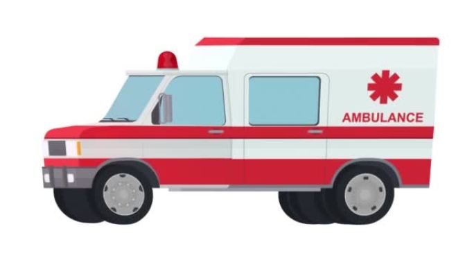 医疗运输。带有警报系统的救护车动画。卡通