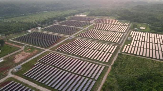 太阳能电池板农场拥有美丽的阳光，太阳能电池，绿色能源