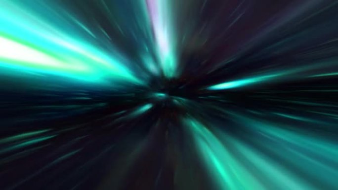 4k抽象绿松石和黑暗超空间经纱隧道穿越时空动画。循环科幻星际旅行穿过超空间涡旋隧道中的虫洞。抽象传送