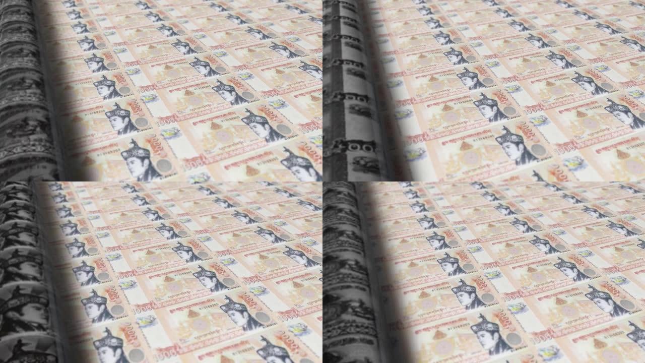 不丹，不丹Ngultrum印刷机打印出当前1000 Ngultrum纸币，无缝循环，不丹货币背景，4