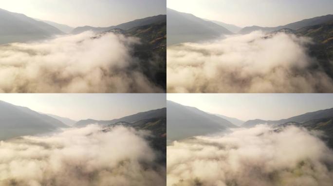 早晨，在局部山区的村庄和农田上空飞来飞去