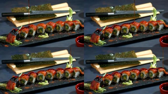 鲑鱼卷的视频。日本寿司料理配新鲜生鱼