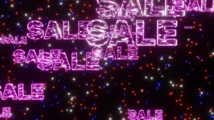 紫色霓虹灯字出售空间赛博朋克背景循环3d渲染。折扣下降满足视频无缝。大甩卖，打折，黑色星期五，购物中