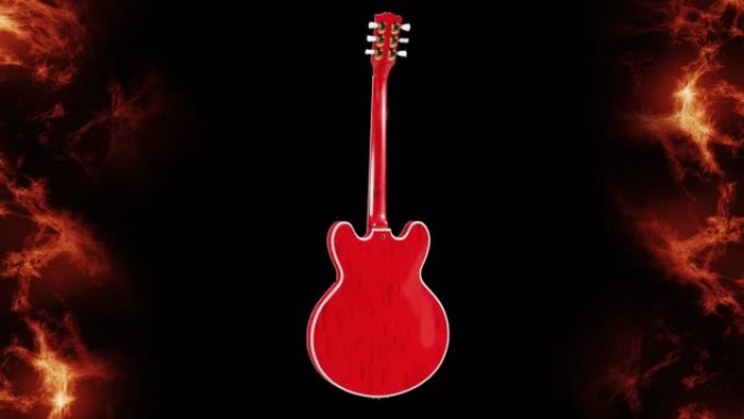黑色背景和燃烧框架上的旋转红色电吉他-股票视频