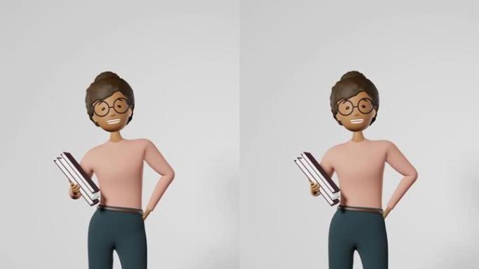 微笑的非洲裔美国女孩员工眼镜书笔记本3D动画循环4K。自由工作者学习教育学生。卡通多民族多元角色商业