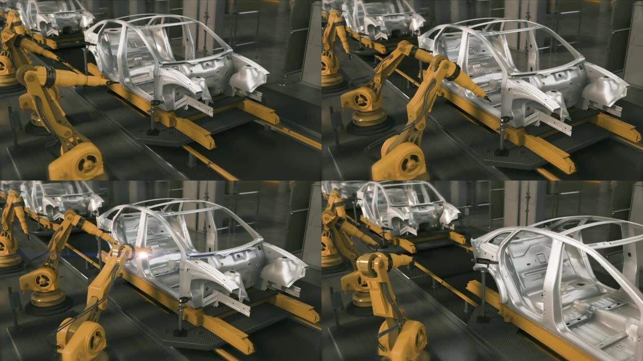 车厂3D概念: 自动化机械臂装配线制造高科技绿色能源电动汽车。自动施工，焊接工业生产输送机。前视图