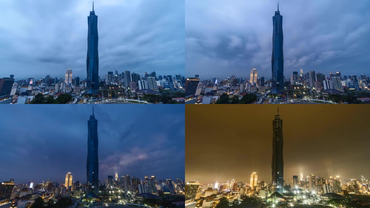 4k UHD拍摄吉隆坡的城市景观，日落时配有新的瓦里桑默迪卡塔 (KL118)