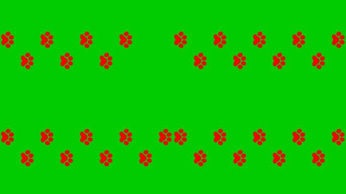 动画猫红轨道。猫的爪印轮流出现。循环视频。矢量平面插图孤立在绿色背景上。