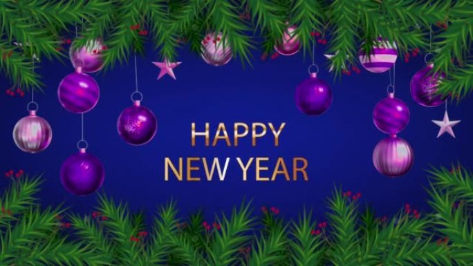 动画紫色球，蓝屏上有文字新年快乐，用于设计圣诞节或新年模板。