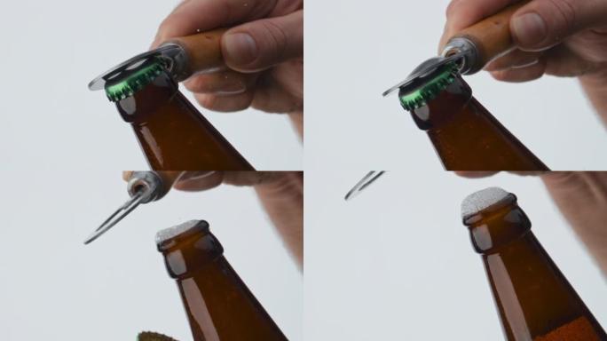 开瓶器打开啤酒杯在超慢动作特写。饮料发泡。