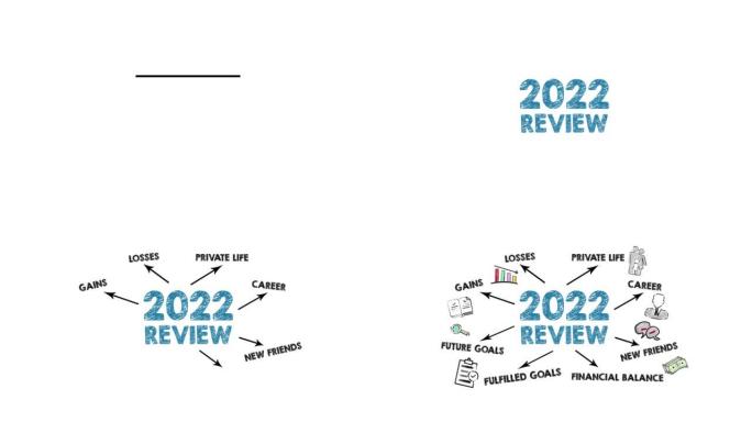 2022年审查。插图与关键词，箭头和图标在白色背景