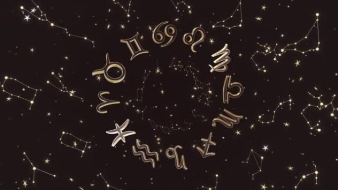 星象和十二生肖星座，无缝循环上的抽象动画3D