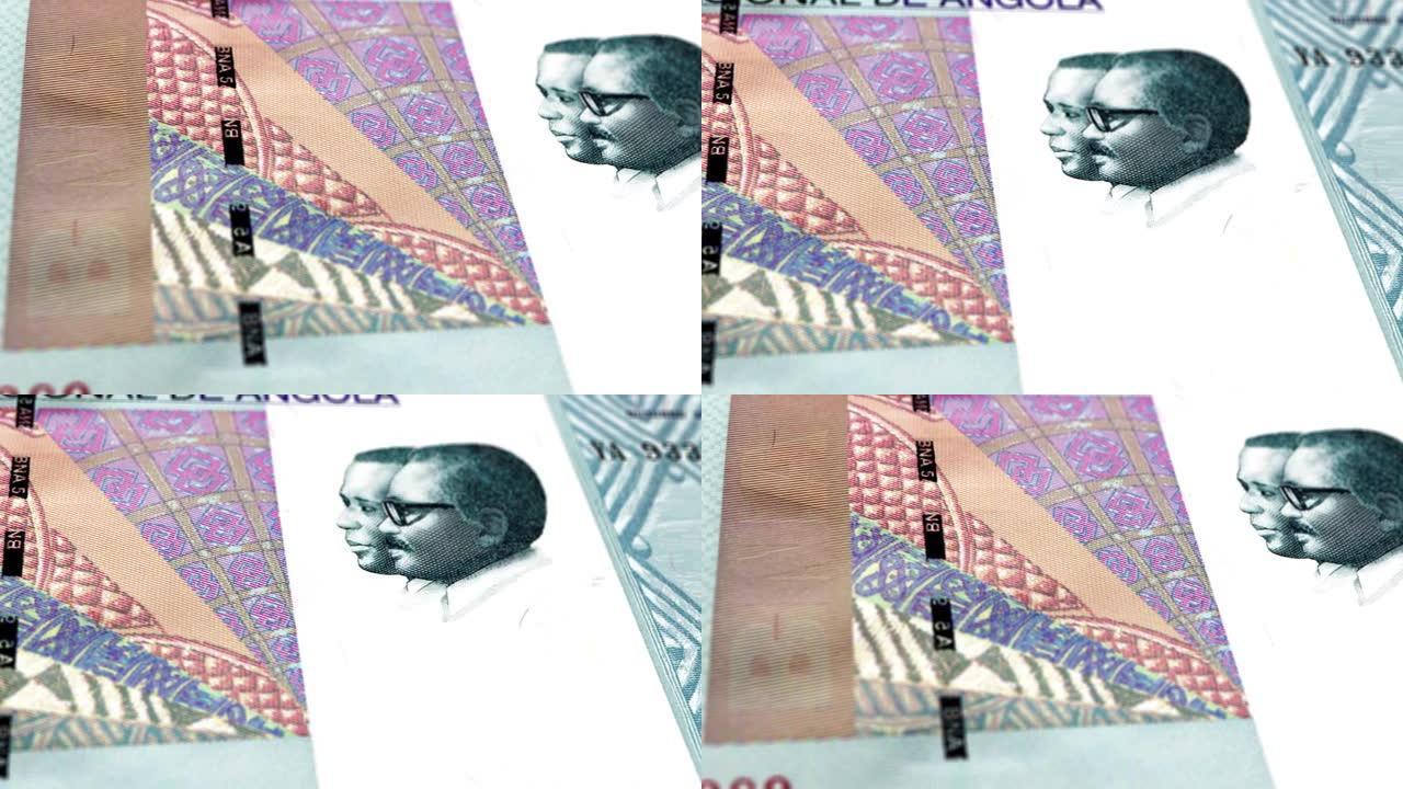 安哥拉埃斯库多5张钞票，五张安哥拉埃斯库多，安哥拉埃斯库多的特写和宏观视图，跟踪和多莉拍摄5张安哥拉