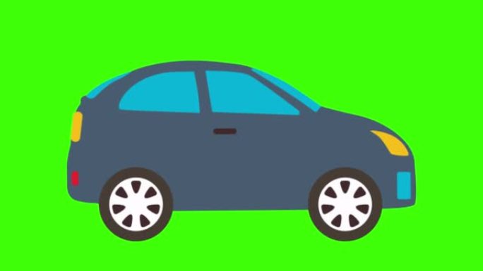 彩色简单动画一辆蓝色前铰链小汽车孤立在绿色屏幕上4k