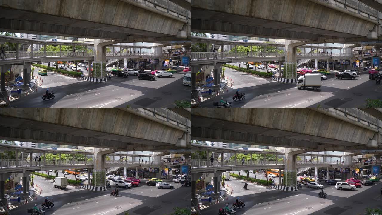 晴天时间曼谷市中心交通街道路堵塞顶桥全景4k泰国