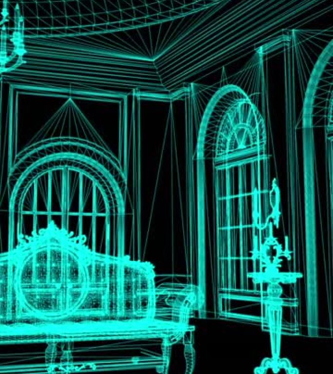 带有圆柱的浮夸宫殿线框模型的垂直视频动画