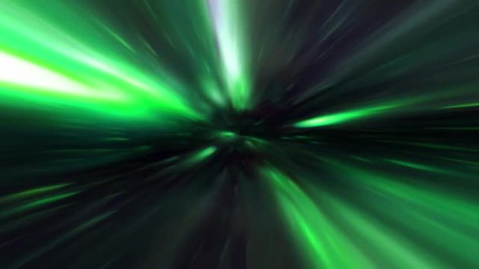 4k抽象绿色和黑暗超空间经纱隧道穿越时空动画。循环科幻星际旅行穿过超空间涡旋隧道中的虫洞。抽象传送速