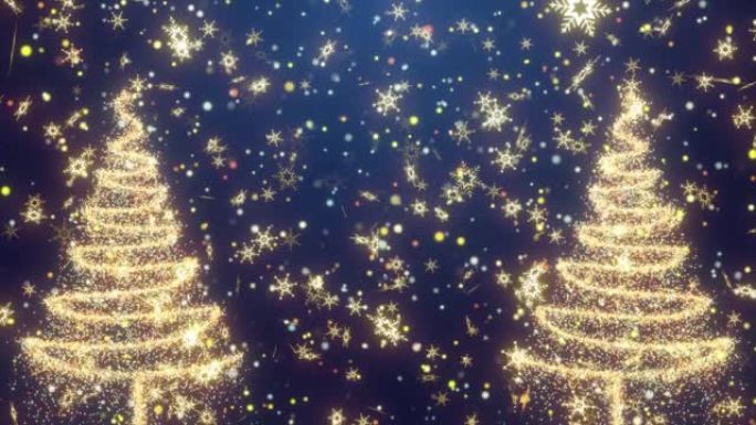 雪花和克里斯姆的树背景。圣诞背景雪花飘落。新年快乐背景。发光粒子圣诞树和显示坠落，飘雪圣诞快乐背景