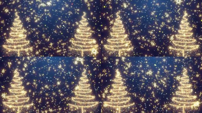 雪花和克里斯姆的树背景。圣诞背景雪花飘落。新年快乐背景。发光粒子圣诞树和显示坠落，飘雪圣诞快乐背景