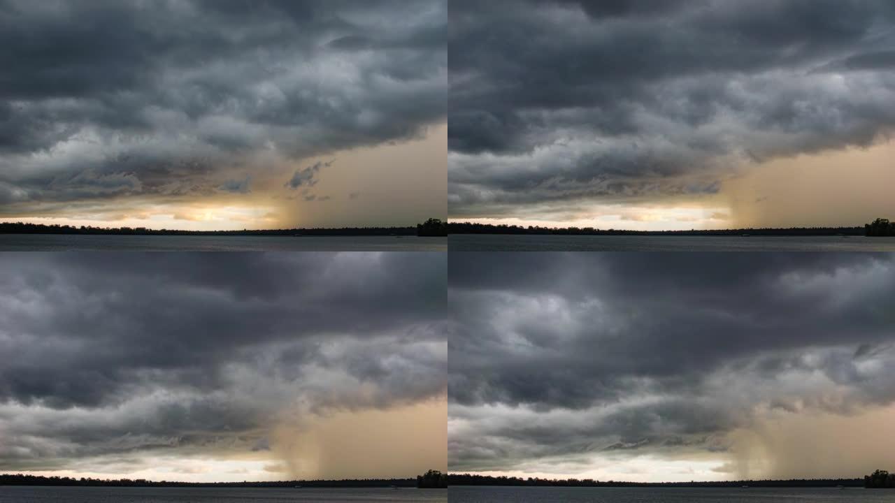 黑暗戏剧性的暴风雨天空的时间流逝，带有某些阳光区域的快速移动的乌云