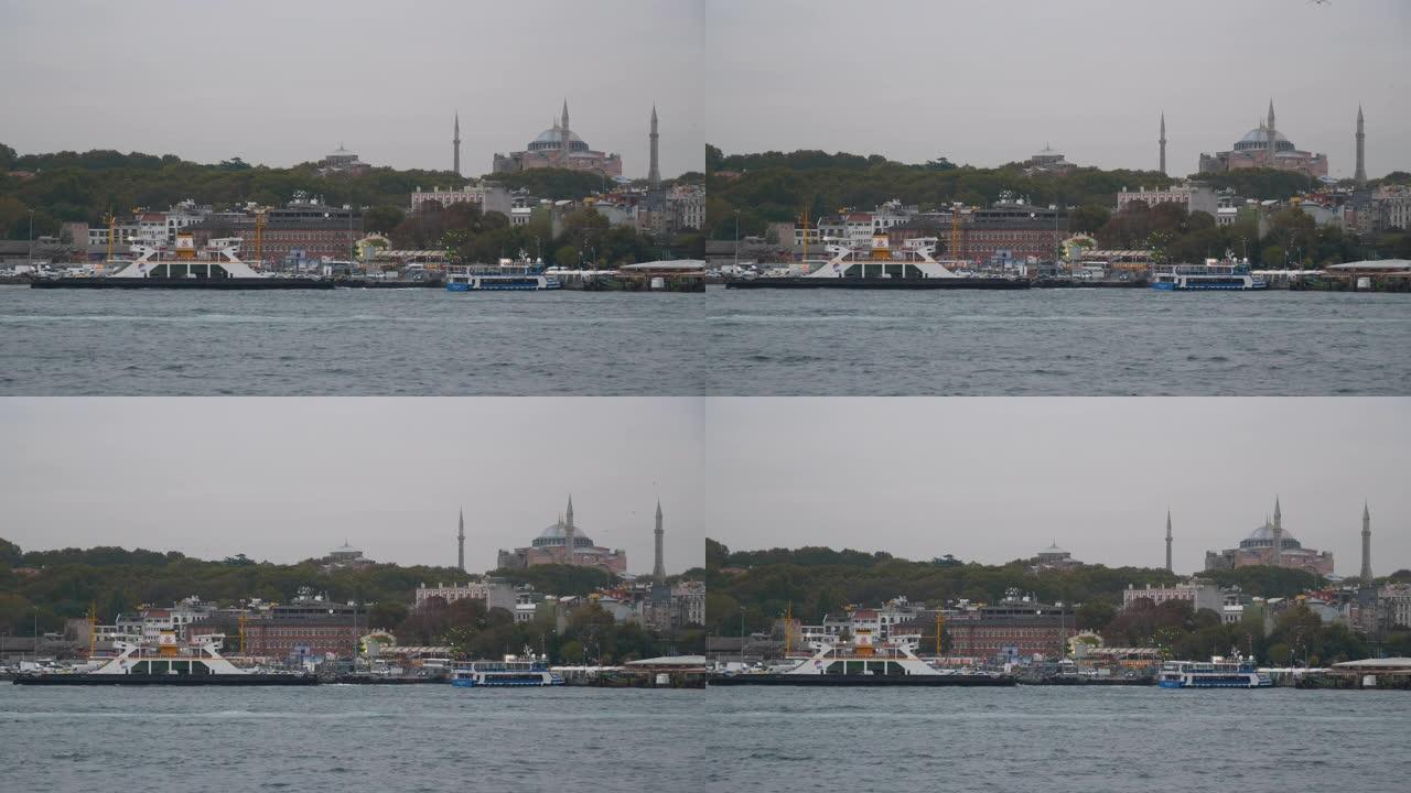 黄昏时间伊斯坦布尔市轮渡站河畔湾慢动作全景4k土耳其