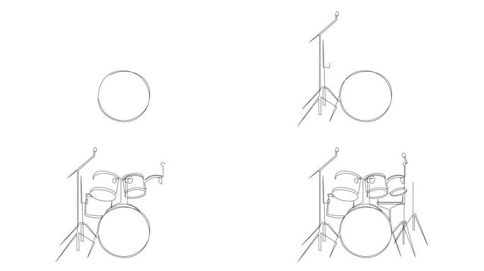 鼓乐器连续线描的自画动画。鼓集简约线条设计。全长一行动画插图。