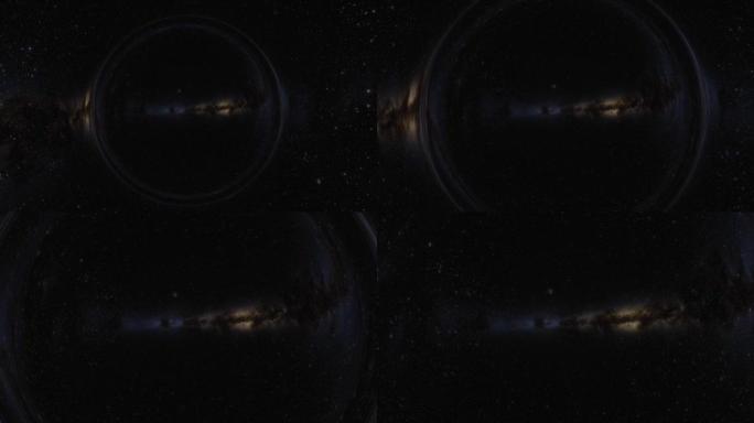 超大质量黑洞的电影动画。相机穿过黑洞或虫洞进入另一个宇宙中的另一个星系。空间、光和时间被强引力扭曲