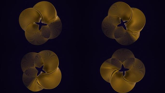 旋转颗粒的抽象花被黑色背景上的反射所环绕，抽象扭曲的形状。深蓝色背景上的金色颗粒。商业演示。