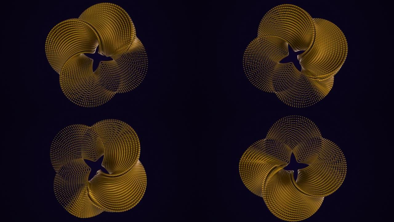 旋转颗粒的抽象花被黑色背景上的反射所环绕，抽象扭曲的形状。深蓝色背景上的金色颗粒。商业演示。