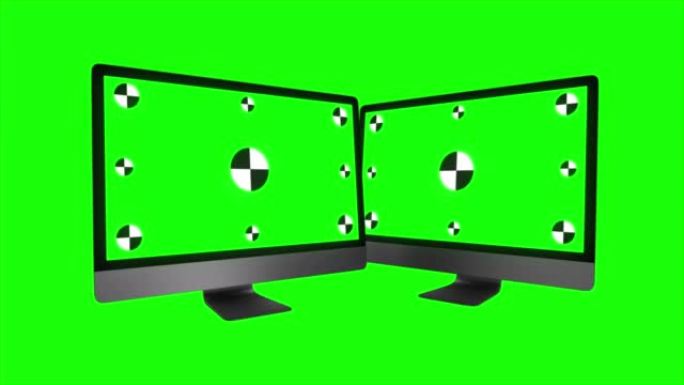 两台绿色屏幕的现代计算机，隔离在蓝色背景上。3d渲染。