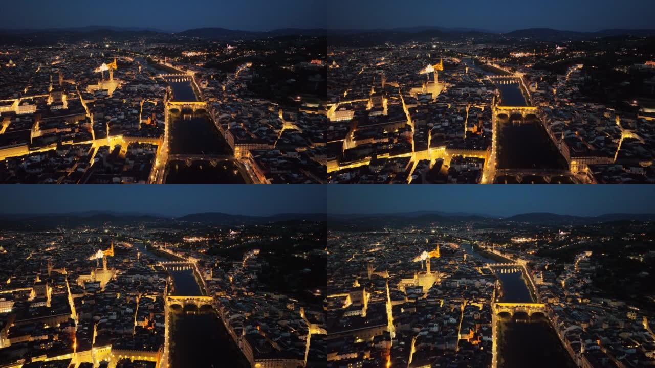 意大利佛罗伦萨老城区和大教堂广场的空中无人机日落场景视图。圣玛丽亚大教堂 (Duomo di San