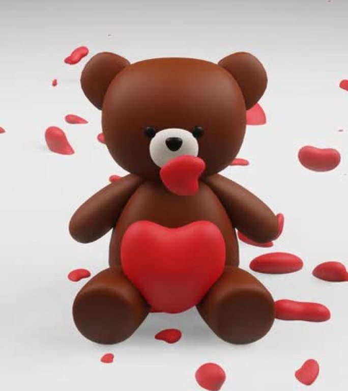 可爱的棕色泰迪熊形象的数字3D渲染，心脏下降