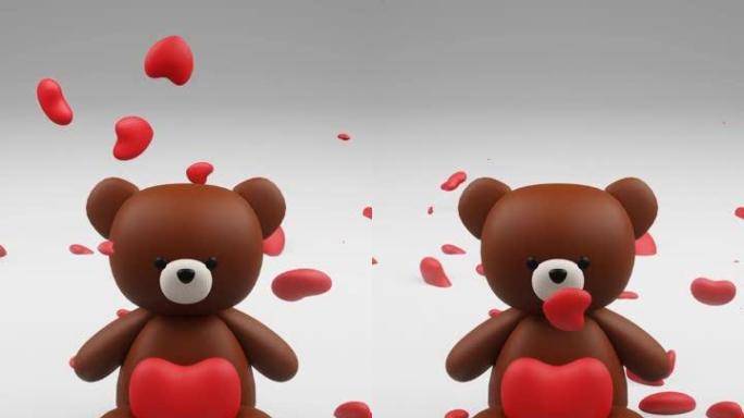 可爱的棕色泰迪熊形象的数字3D渲染，心脏下降