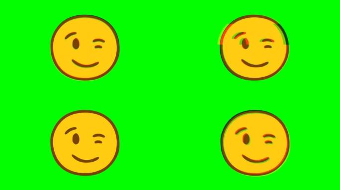 绿色背景上的眨眼表情故障效果。表情符号运动图形。