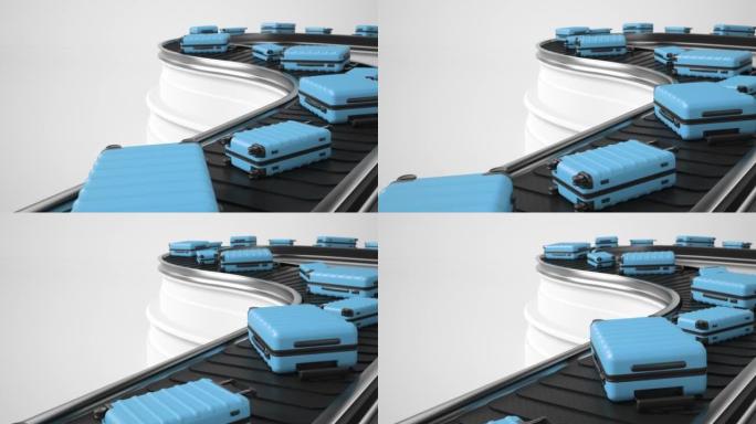 行李沿着机场传送带移动，循环。逼真的3d动画。手提箱是蓝色的。旅行和航班的概念。
