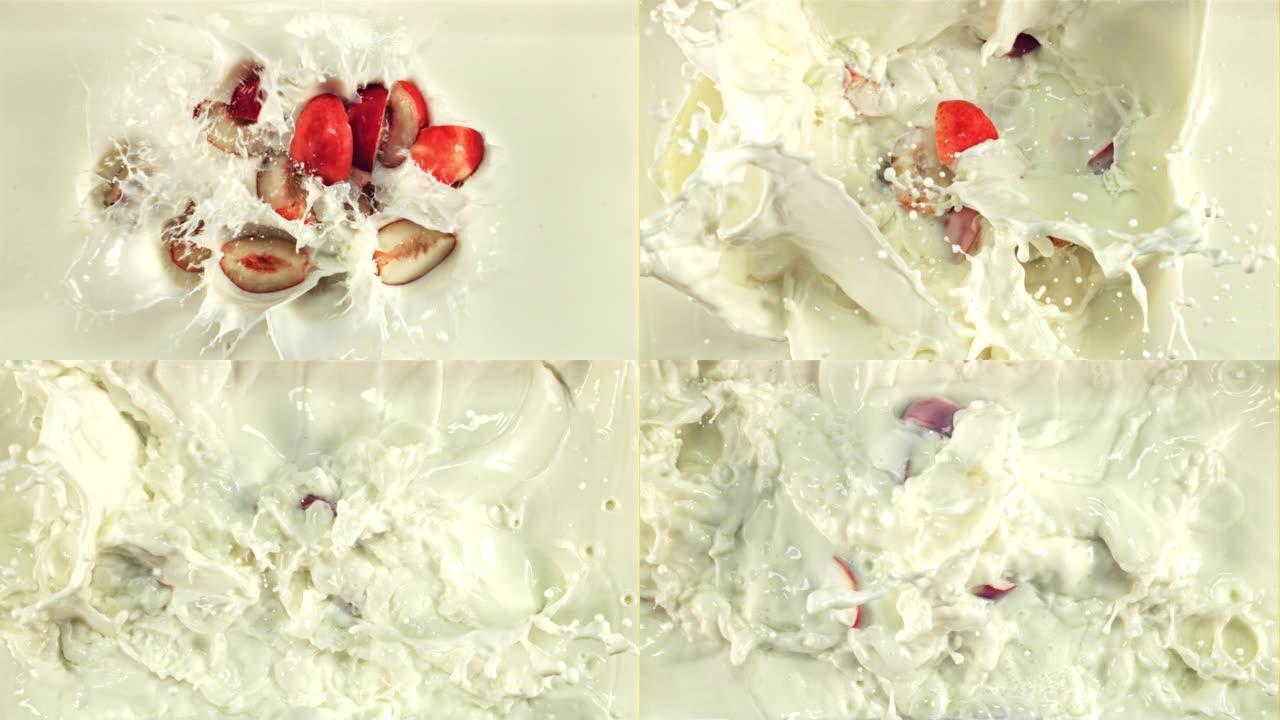 切成薄片的新鲜桃子溅入牛奶中。顶视图。以1000 fps的高速相机拍摄。