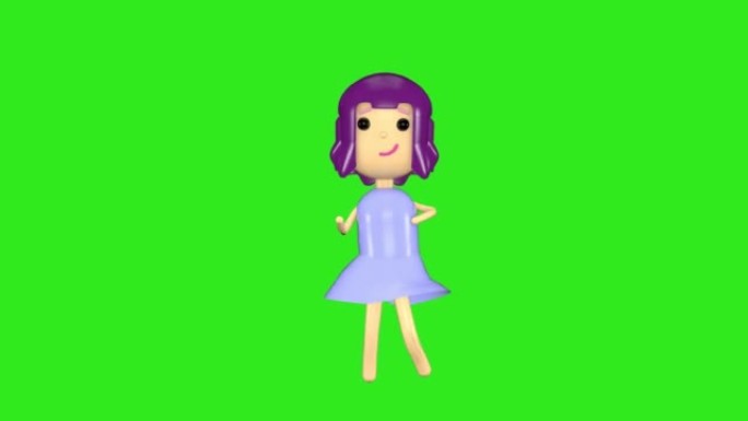 3d动画，女孩卡通人物跳舞。绿色背景上无缝运动的现代最小设计。