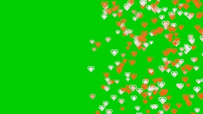 各种红色和粉红色的粒子动画跟随绿色屏幕背景上的爱情和心脏形状，情人节动画概念背景
