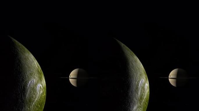 卫星Dione与Mimas和土星行星一起运行。4k垂直