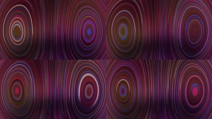 Vaporwave多色明亮的旋转圆圈装饰库存视频的抽象背景。颜色阵列旋转红棕色蓝线条纹的背景。