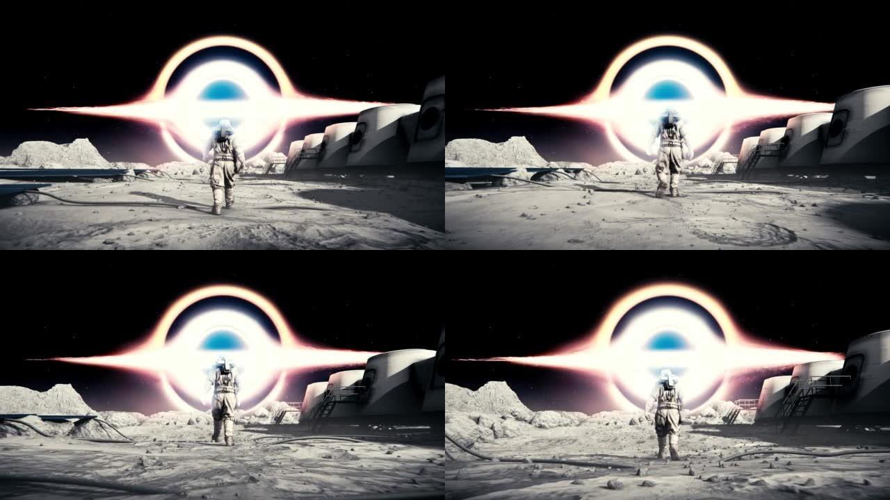 身穿太空服的宇航员在月球表面朝着黑洞行走的特写镜头