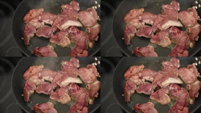 鸡肝生内脏烹饪禽肉准备油炸新鲜餐食小吃桌上复制空间食品背景俯视图