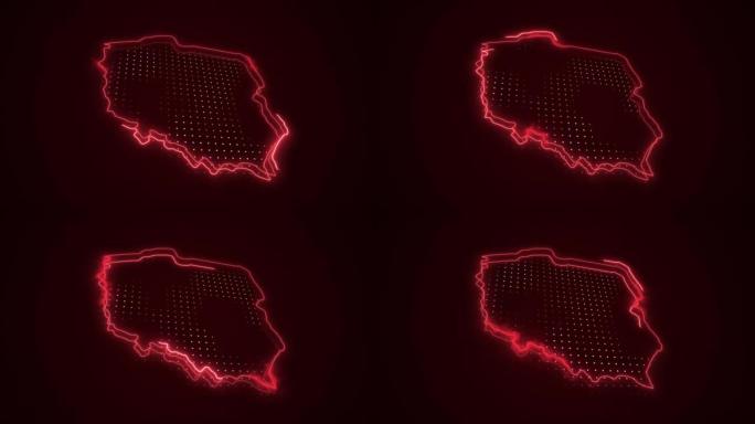 3D霓虹红色波兰地图边界轮廓循环背景