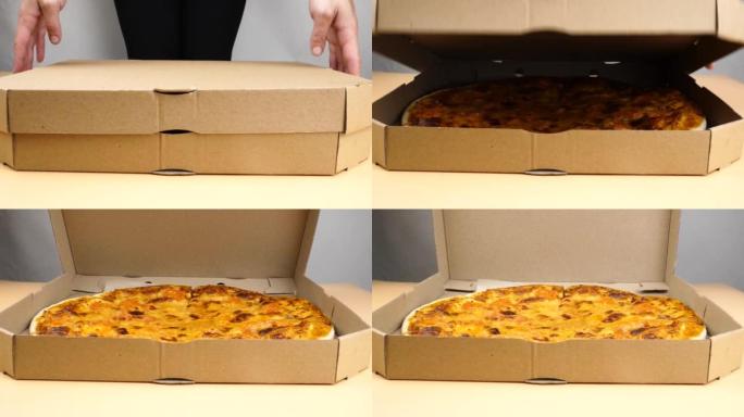 手打开盒子，配有马苏里拉奶酪披萨，送货披萨