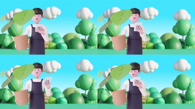 3d动画男子卡通拿着一盆植物在智能手机上使用自拍照卖东西，公园背景。