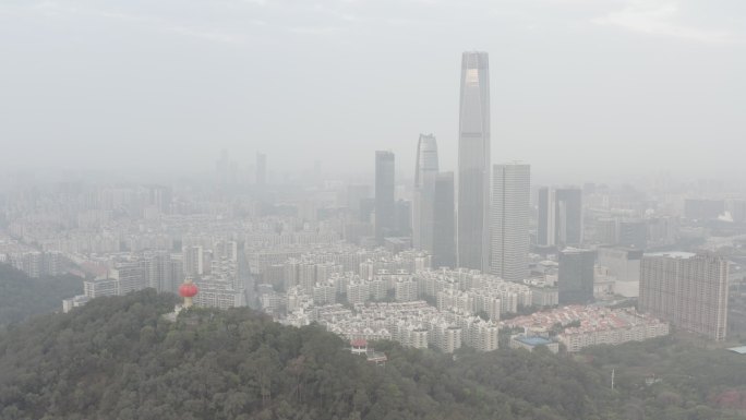 广东省东莞清晨航拍旗峰山国贸地标