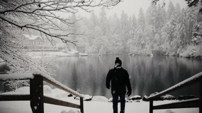一个孤独的人走向瑞士部分冰冻的山湖的史诗般的镜头。冬天降雪时的布劳西。穿着保暖布的男性游客。Stea