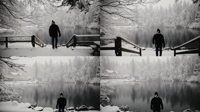 一个孤独的人走向瑞士部分冰冻的山湖的史诗般的镜头。冬天降雪时的布劳西。穿着保暖布的男性游客。Stea