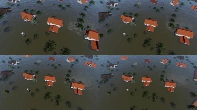 洪水淹没的房屋和水下社区，高视野
