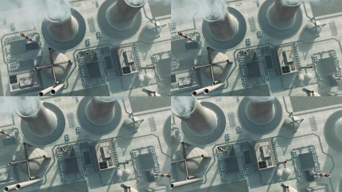 核电站天线的动画航拍烟囱环保工厂全球变暖
